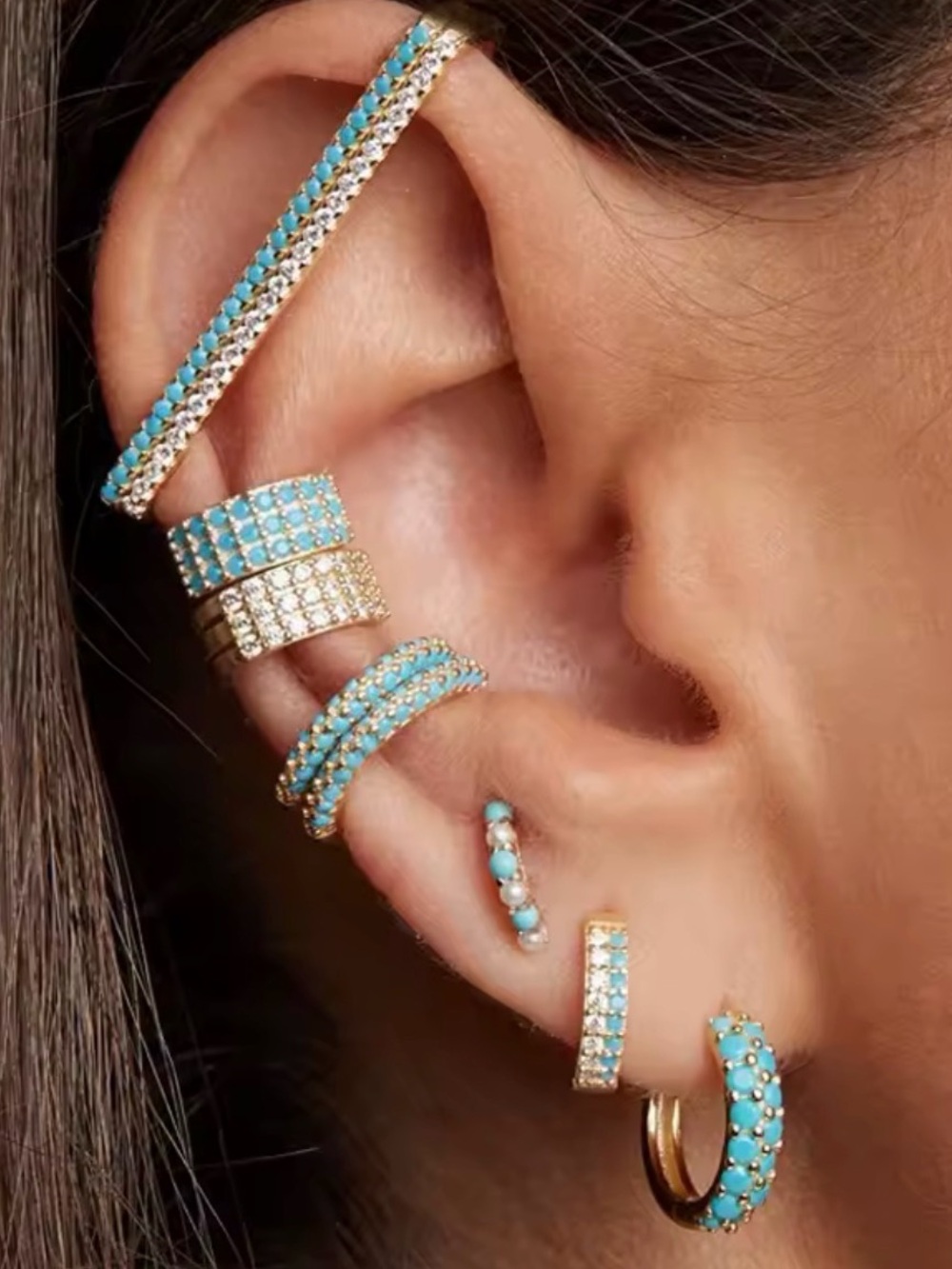 Turquoise Pavé Gold Ear Bar - Women Jewelry